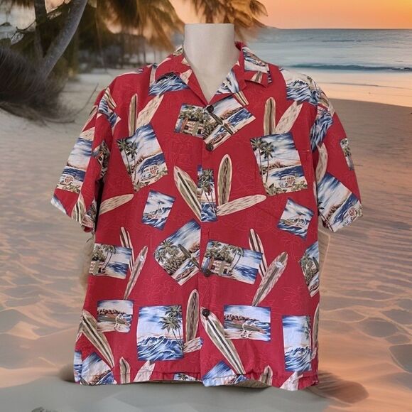 Vtg Hilo Hattie Aloha Hawaii Red Hawaiian Surfboard Button Down Shirt Sz L READ - Picture 1 of 6